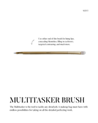 Seint Multitasker Brush infographic noting either end works for lining lips, concealing, brows, and contouring
