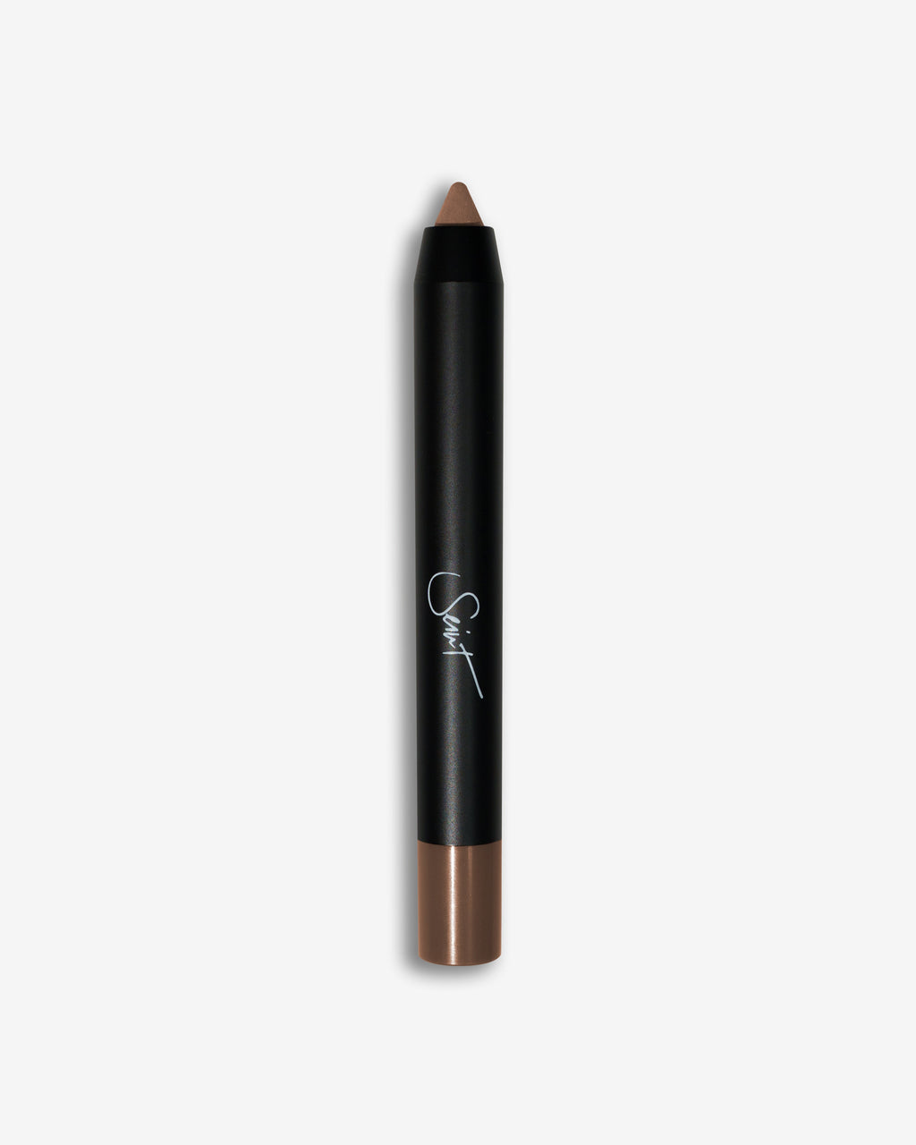 Seint Pencil in Pepper, a chunky black crayon with a sharpened cool taupe-brown cream tip and matching end cap