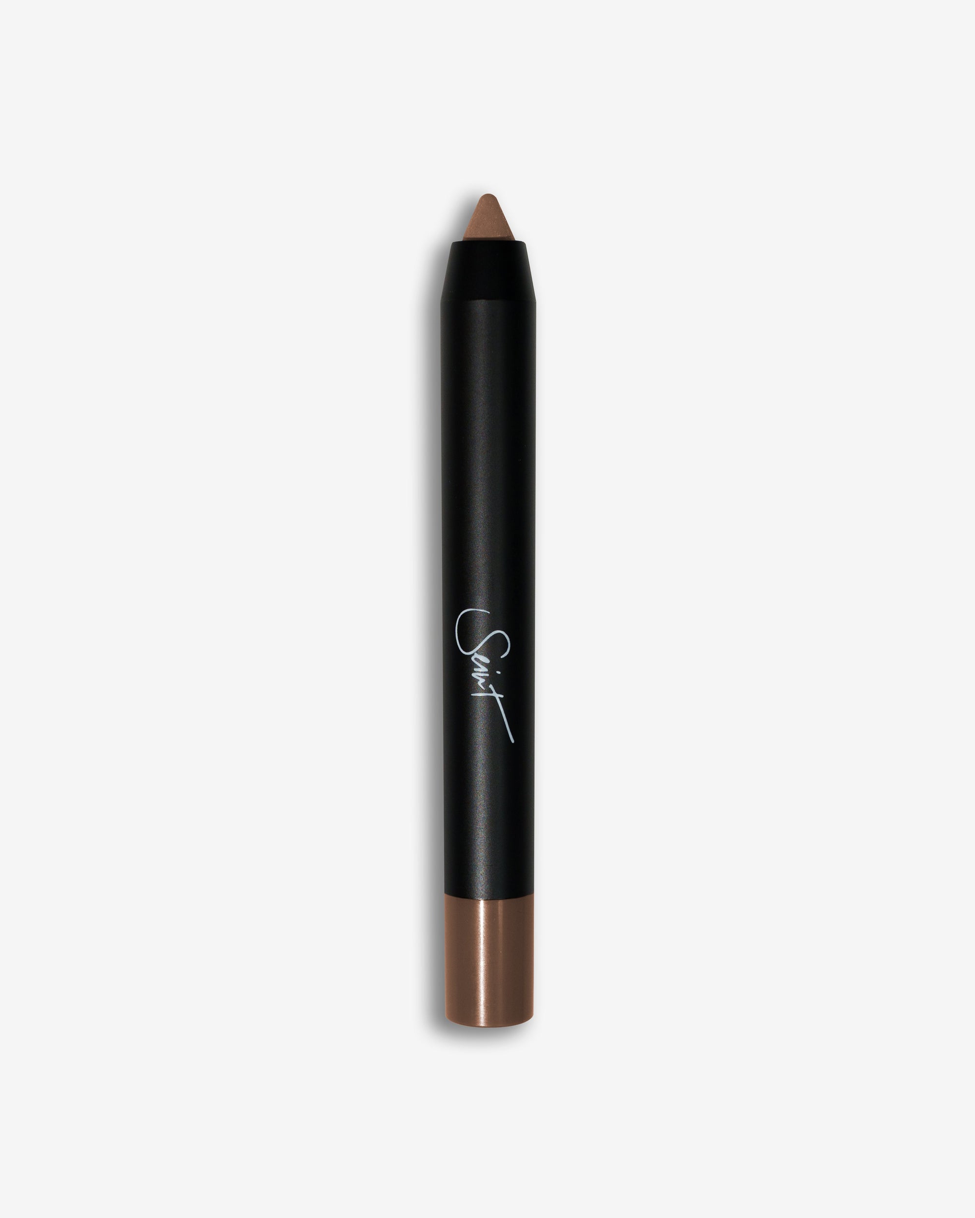 Seint Pencil in Pepper, a chunky black crayon with a sharpened cool taupe-brown cream tip and matching end cap