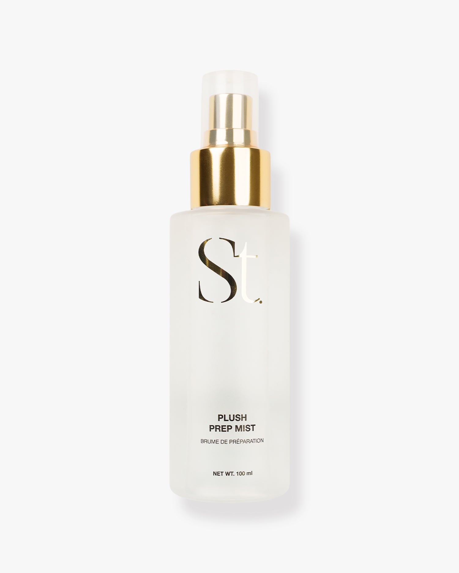Seint Plush Prep Mist frosted bottle topped with a gold pump, shown upright on a white background