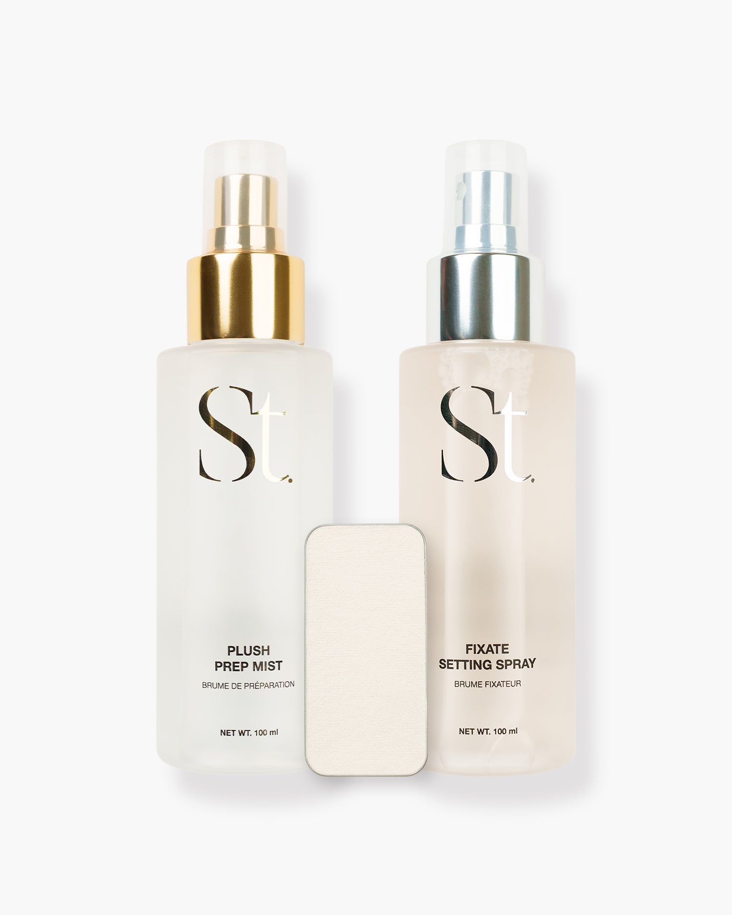 Seint Prep + Set Bundle — Plush Prep Mist with gold cap, Fixate Setting Spray with silver cap, and a slim white tin
