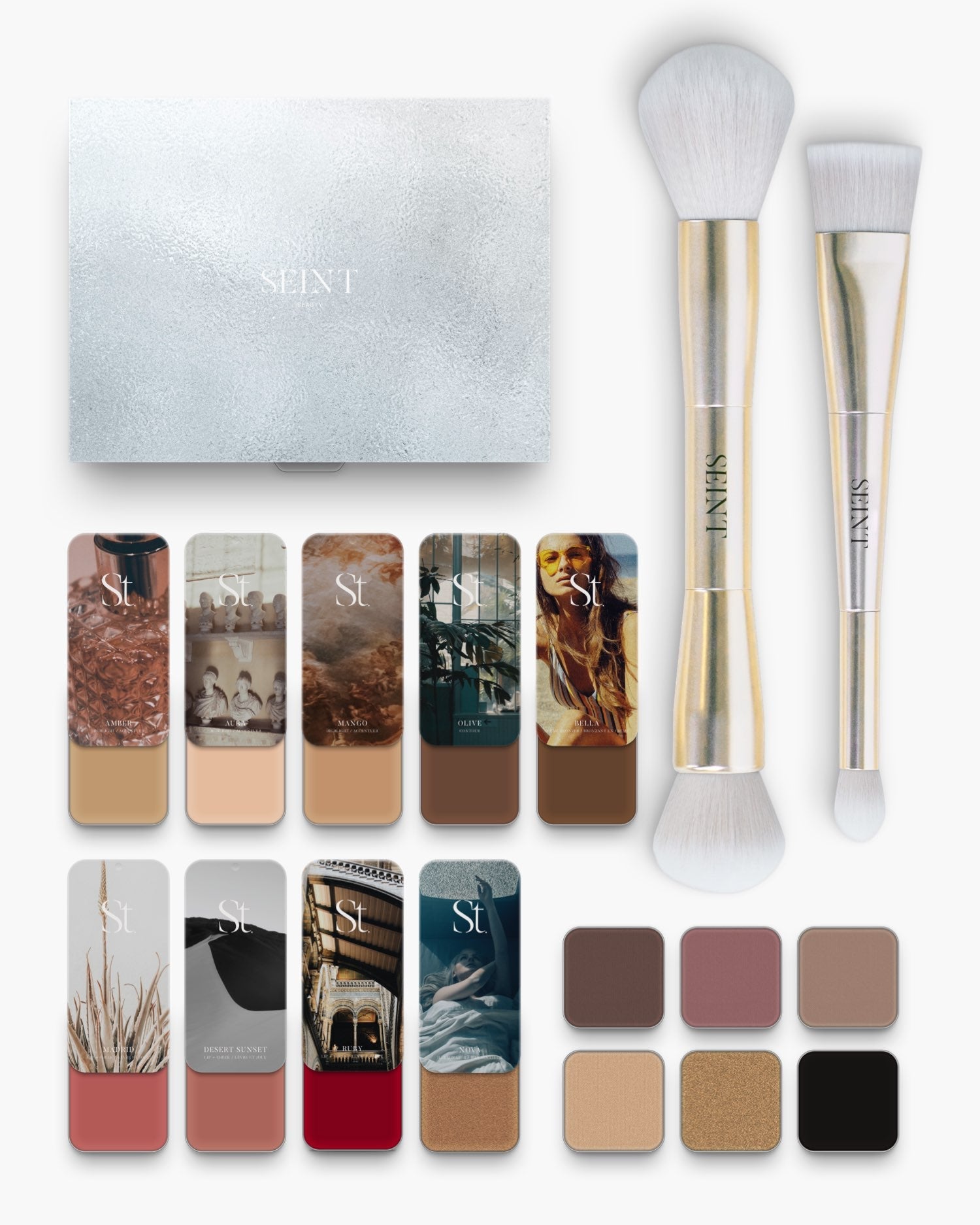 Seint No. 12 Collection Level IV set — medium tan creams, dusty rose and true red lip and cheek tins, brushes, six shadows