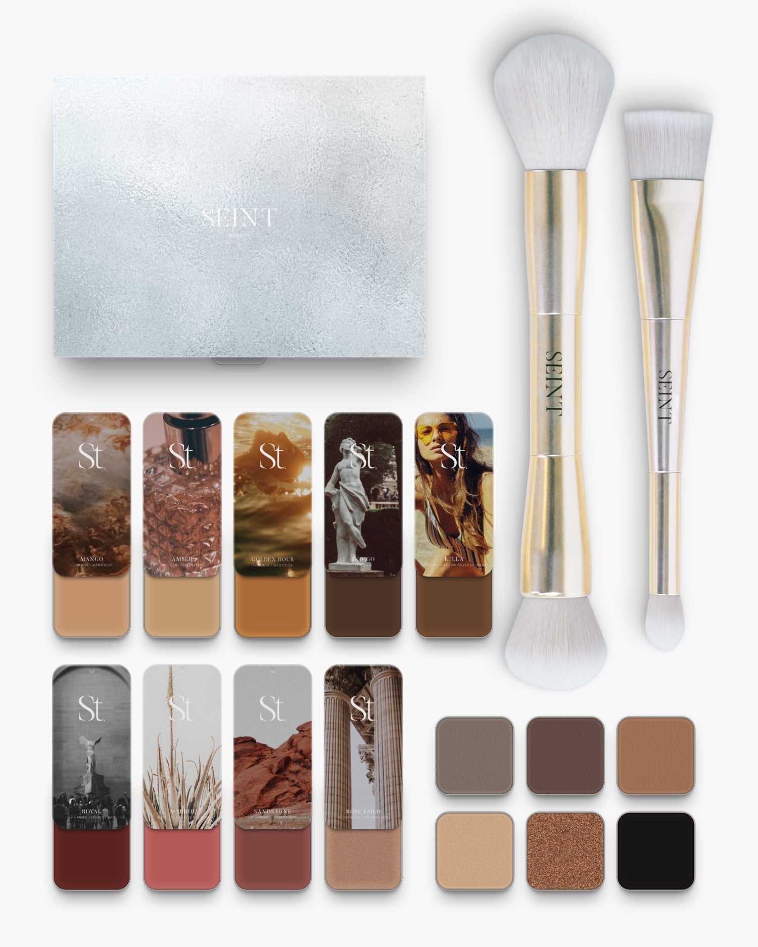 Seint No. 12 Collection Level VI showing tan-to-brown creams, pink and wine blushes, silver box, brushes and copper shimmer