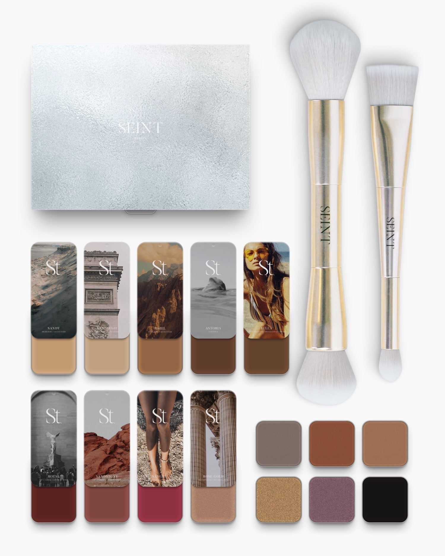 Seint No. 12 Collection Level V: medium tan and brown creams with deep wine and raspberry blushes, gold brushes and shadows