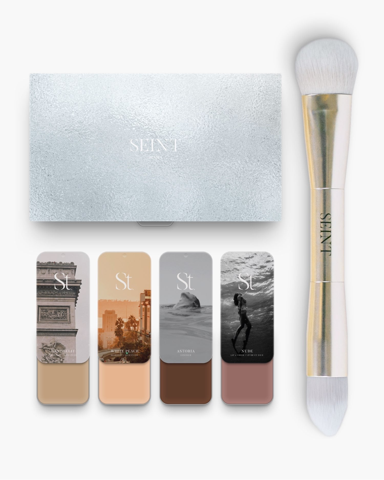 Seint No. 4 Collection Level II tins Candlelit, White Peach, Astoria and Nude beside the silver palette and brush