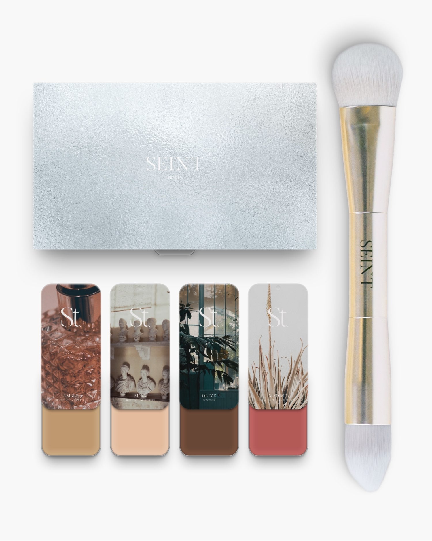 Seint No. 4 Collection Level IV — Amber, Aura, Olive and coral-rose Madrid tins, silver palette, dual-ended brush