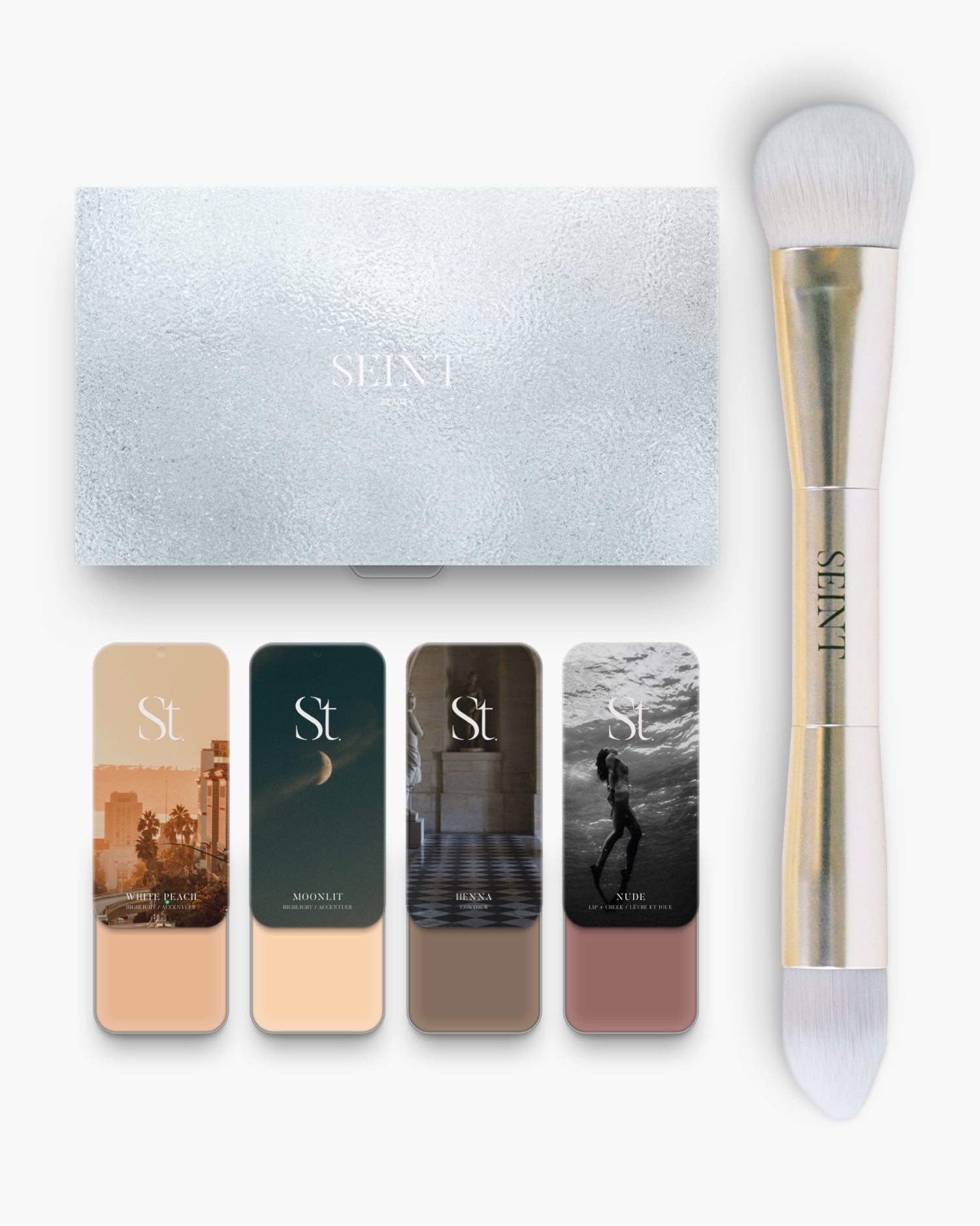 Seint No. 4 Collection Level I: White Peach, Moonlit, Henna and Nude cream tins with silver palette and SEINT brush