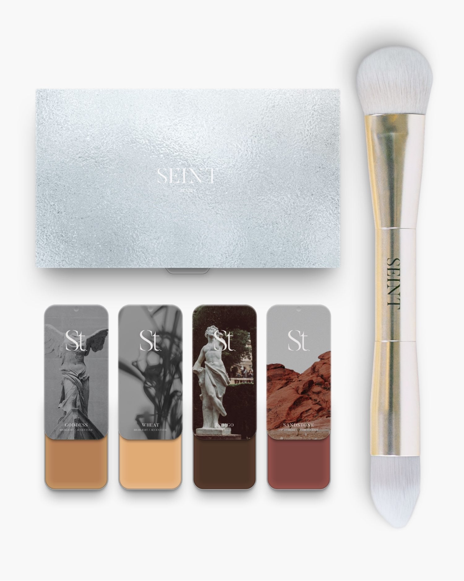 Seint No. 4 Collection Level VIII — Goddess, Wheat, Indigo and Sandstone creams with silver palette and SEINT brush