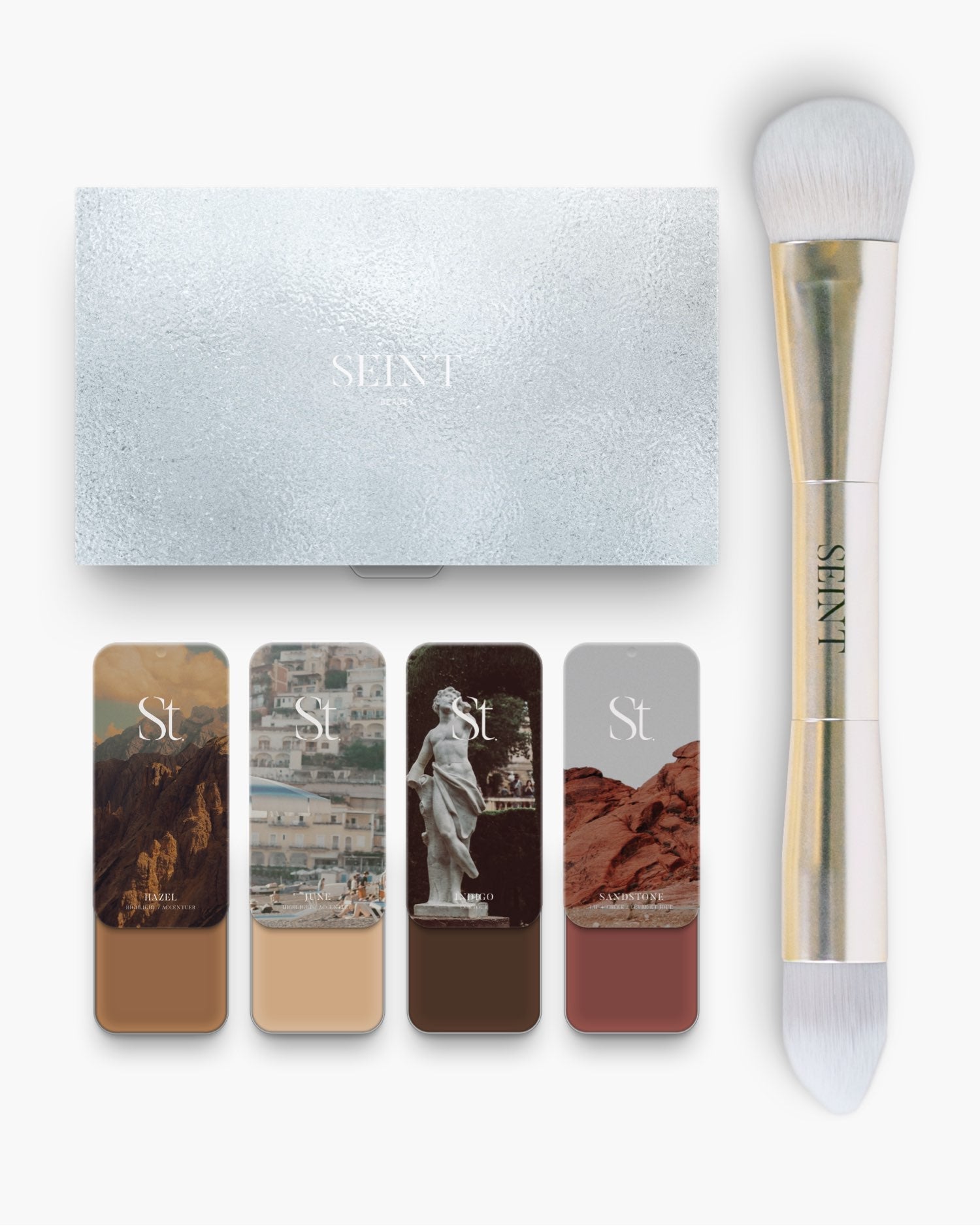 Seint No. 4 Collection Level VII: Hazel, June, Indigo and Sandstone cream tins beside the silver palette and brush