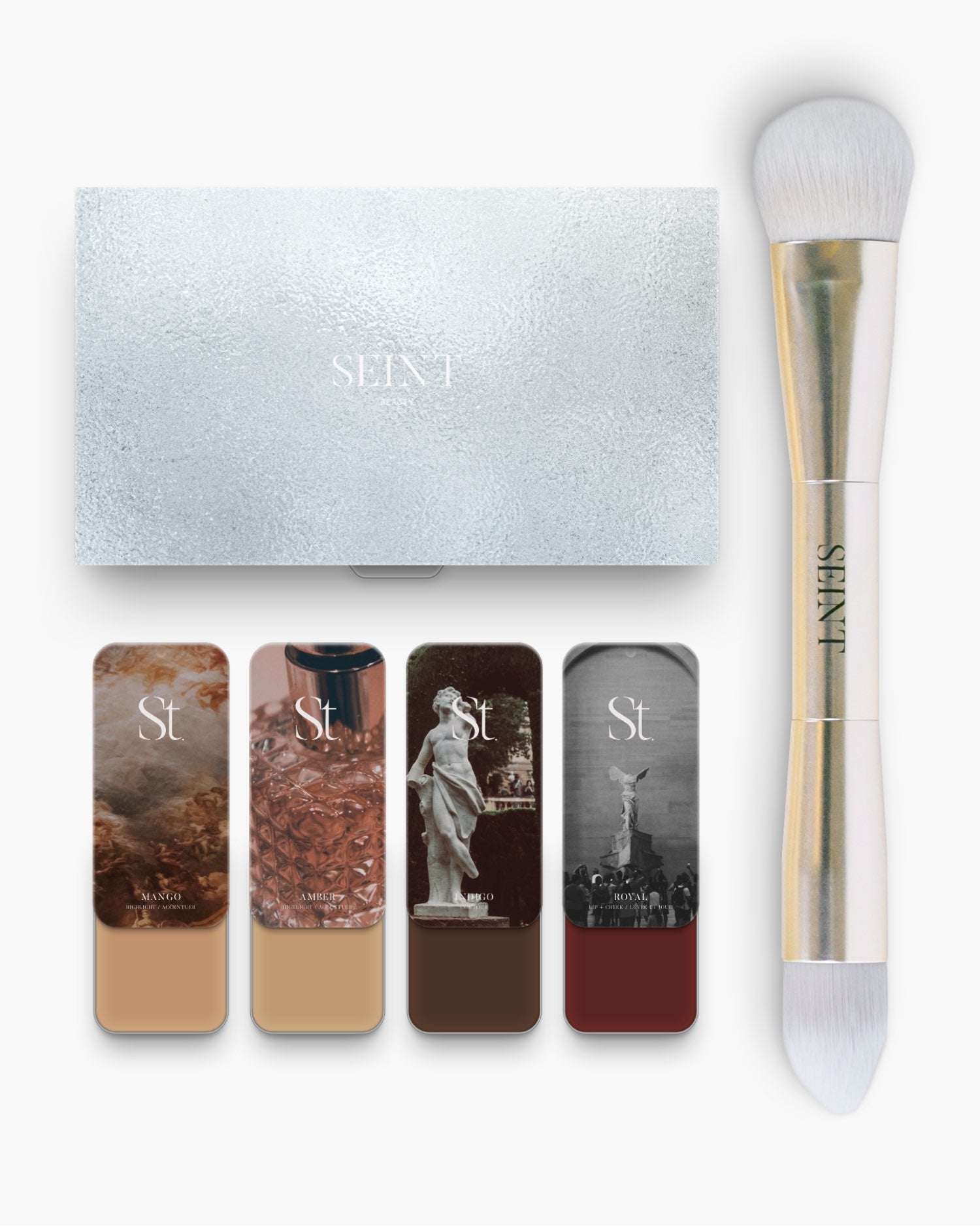 Seint No. 4 Collection Level VI tins Mango, Amber, Indigo and deep wine-red Royal, shown with palette and gold brush