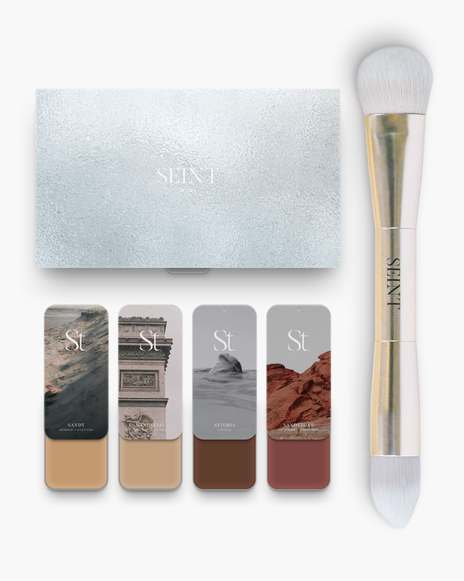 Seint No. 4 Collection Level V: Sandy, Candlelit, Astoria and brick-rose Sandstone creams with palette and brush