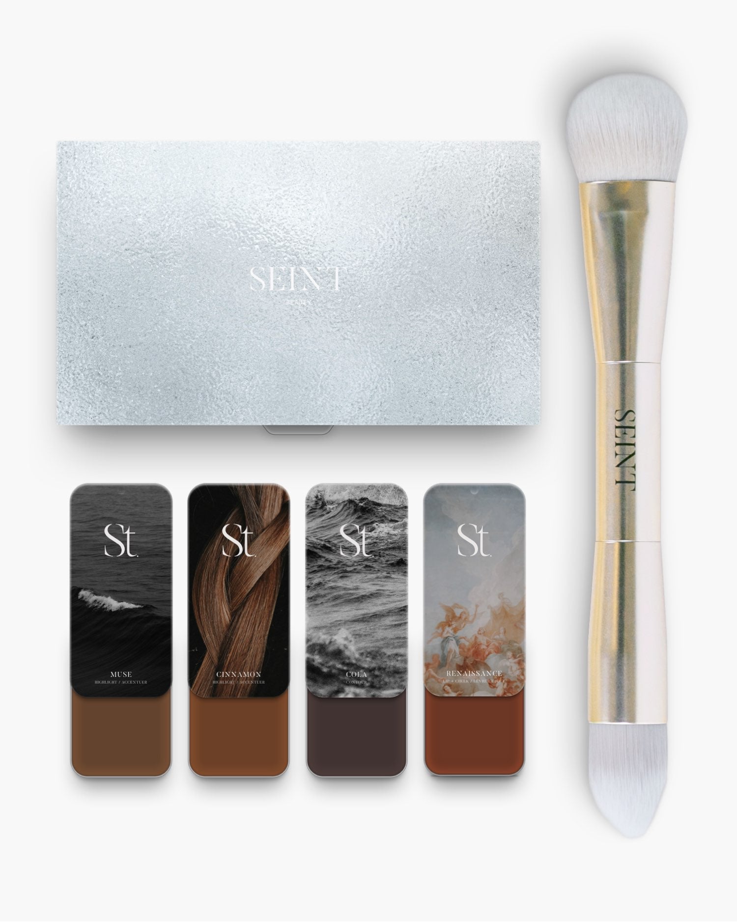 Seint No. 4 Collection Level XII — deep Muse, Cinnamon, Cola and Renaissance tins beside the palette and gold brush