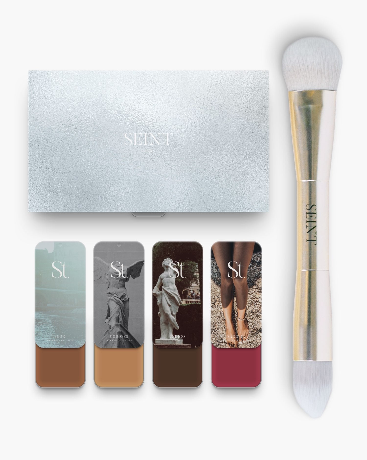 Seint No. 4 Collection Level X tins Icon, Goddess, Indigo and berry-red Sangria, silver palette and dual-ended brush