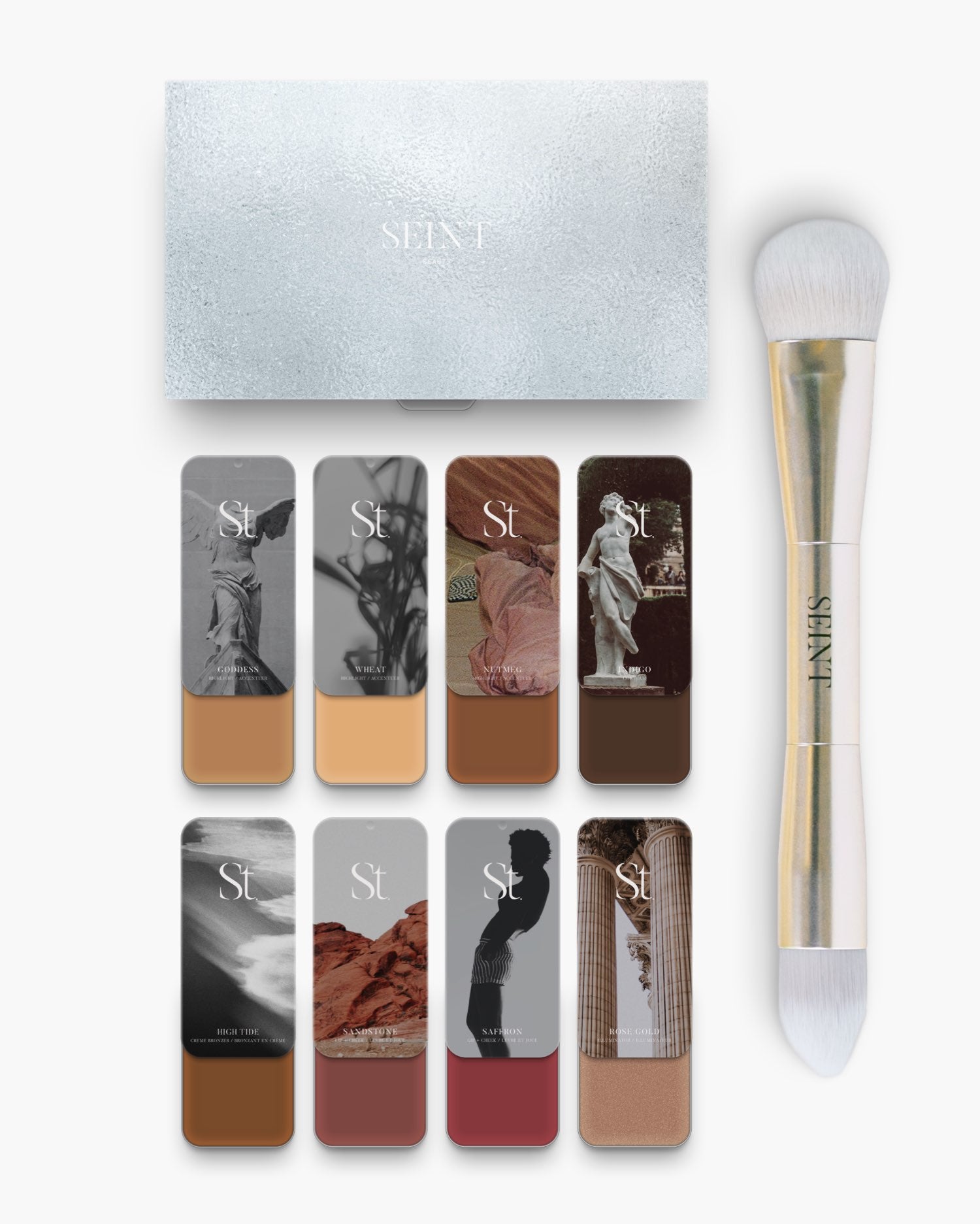 Seint No. 8 Collection Level VIII set: golden Goddess and Wheat highlights, rich Nutmeg, High Tide bronzer, and Rose Gold