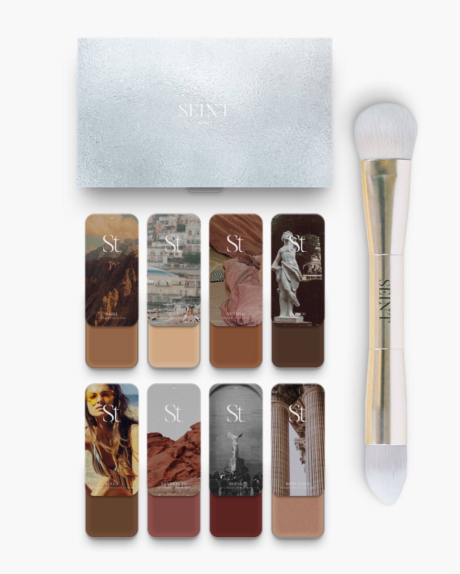 Seint No. 8 Collection Level VII: medium-deep creams like Hazel and Nutmeg with Indigo contour, palette and brush alongside