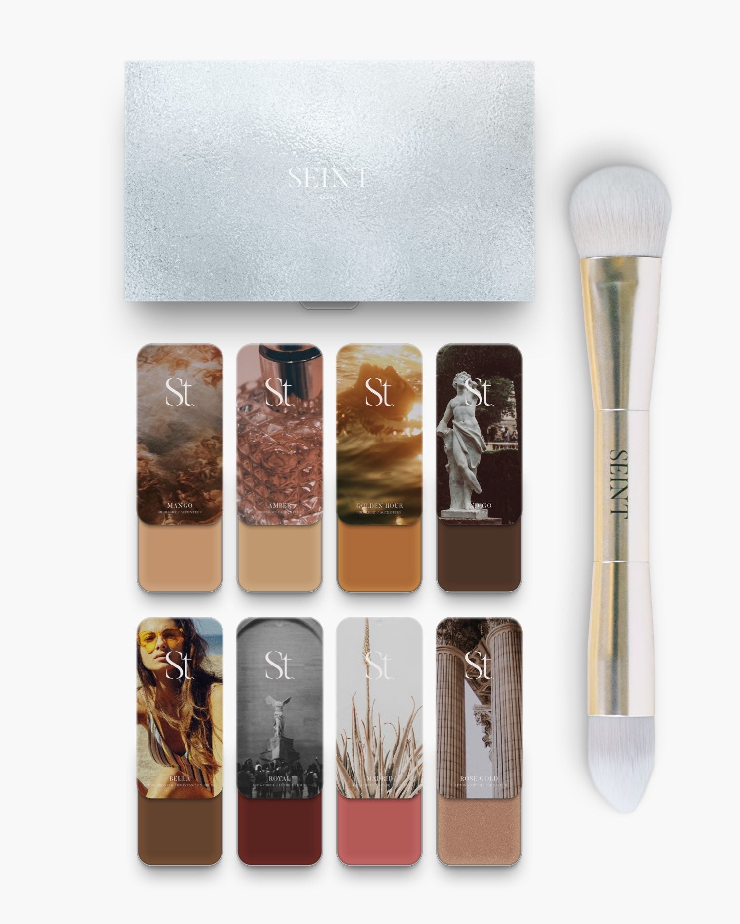 Seint No. 8 Collection Level VI creams in golden tans and warm amber with dark Indigo contour, plus palette and gold brush