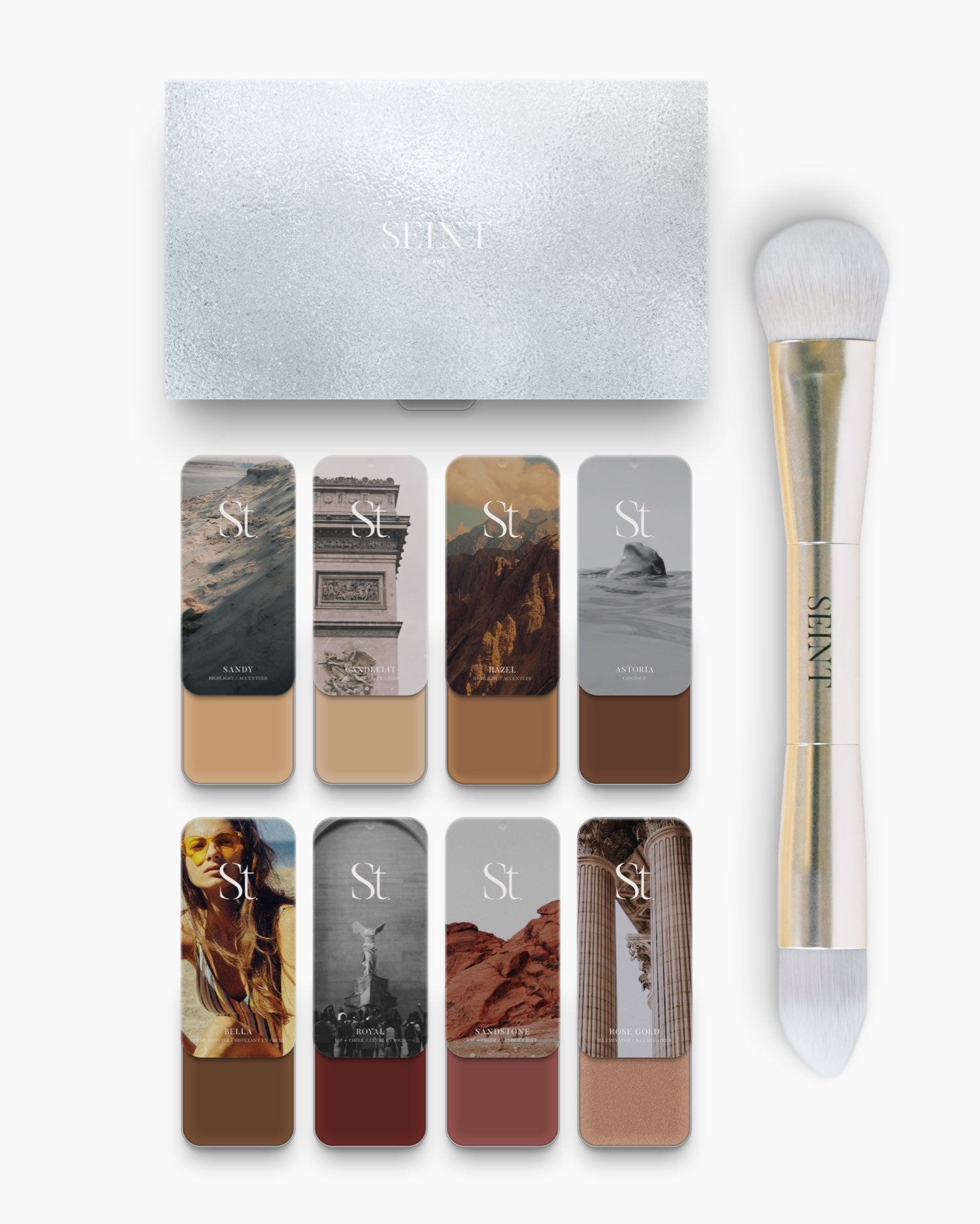 Seint No. 8 Collection Level V laid out under the palette: caramel highlights, deep contours, Royal berry, and Rose Gold