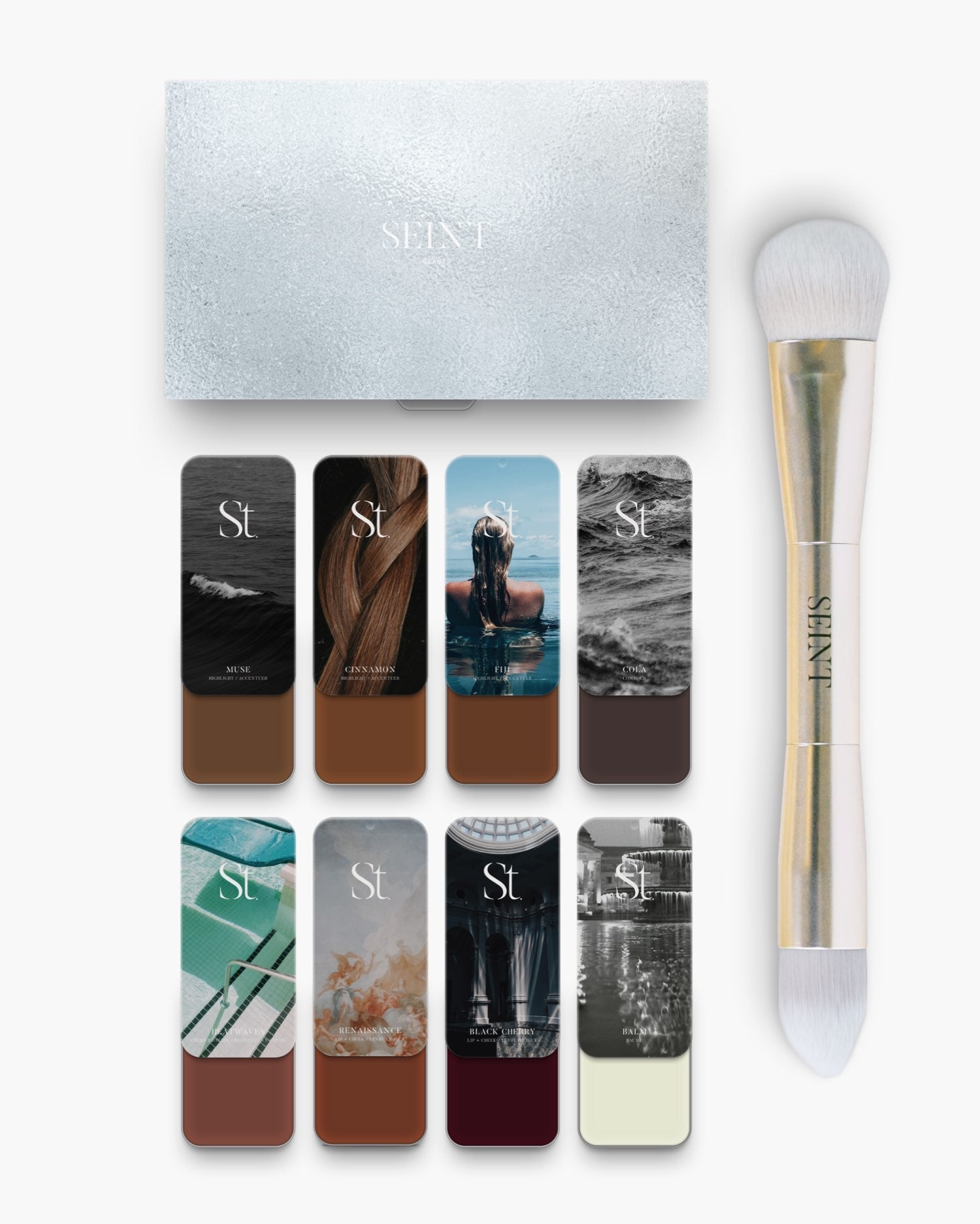 Seint No. 8 Collection Level XII: the deepest creams including Cola contour, Black Cherry lip + cheek, and creamy white Balm