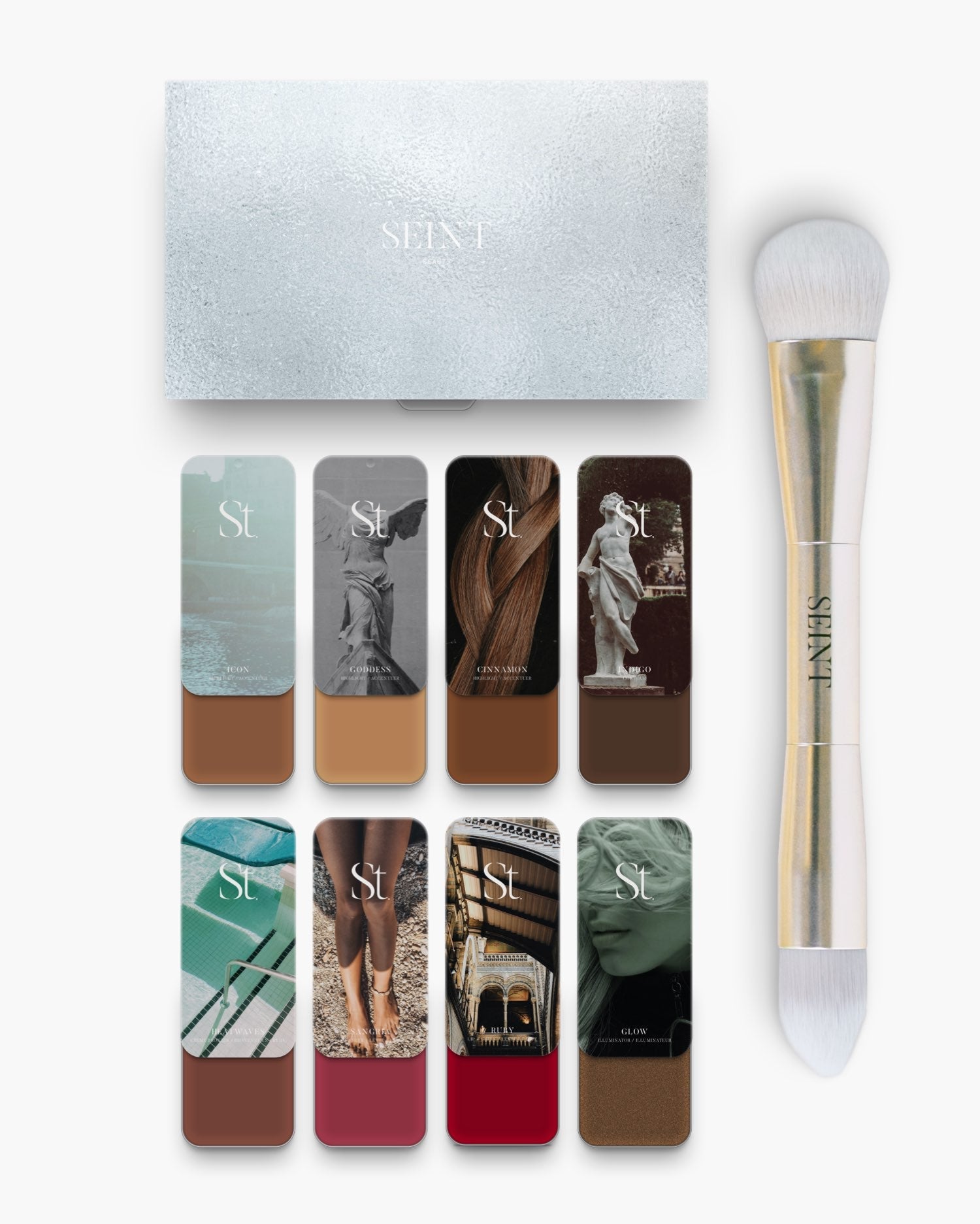 Seint No. 8 Collection Level X: rich brown creams, red Ruby and Sangria lip + cheek shades, and bronze Glow illuminator