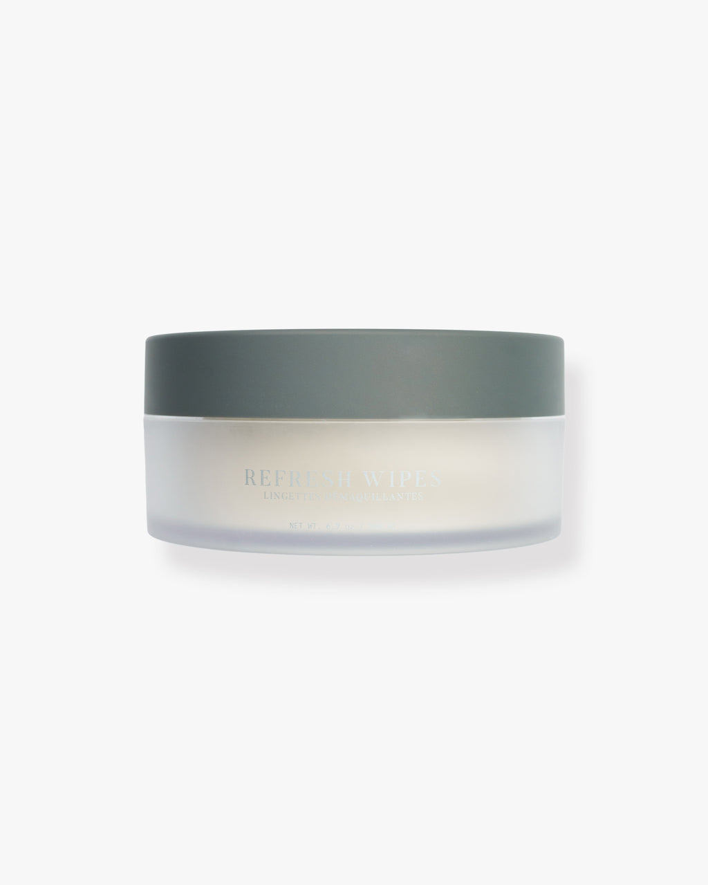 Seint Refresh Wipes frosted jar with sage-gray lid, labeled in silver with net weight 6.7 oz