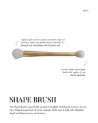 Seint Shape Brush infographic — larger end applies contour along jawline and cheekbones, smaller end blends blush