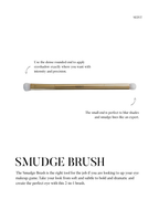 Seint Smudge Brush infographic: dense rounded end applies eyeshadow with precision, small end blurs shades and smudges lines