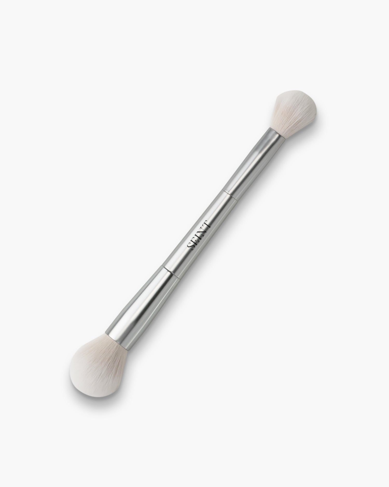 Seint Shape Brush with silver double-ended handle and soft white rounded bristles in two sizes