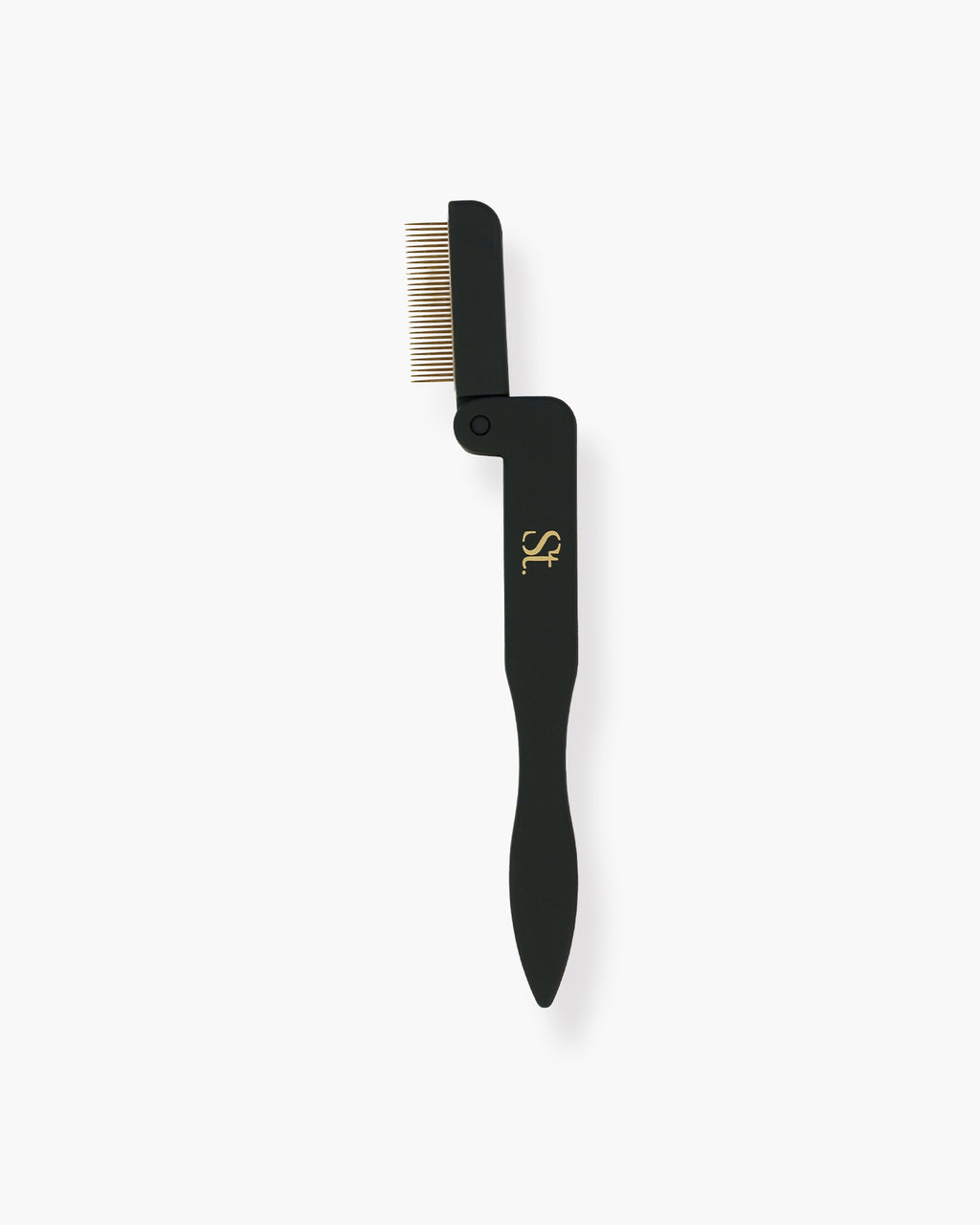 Seint Lash Comb open to reveal fine gold metal teeth, black folding handle for separating and defining lashes