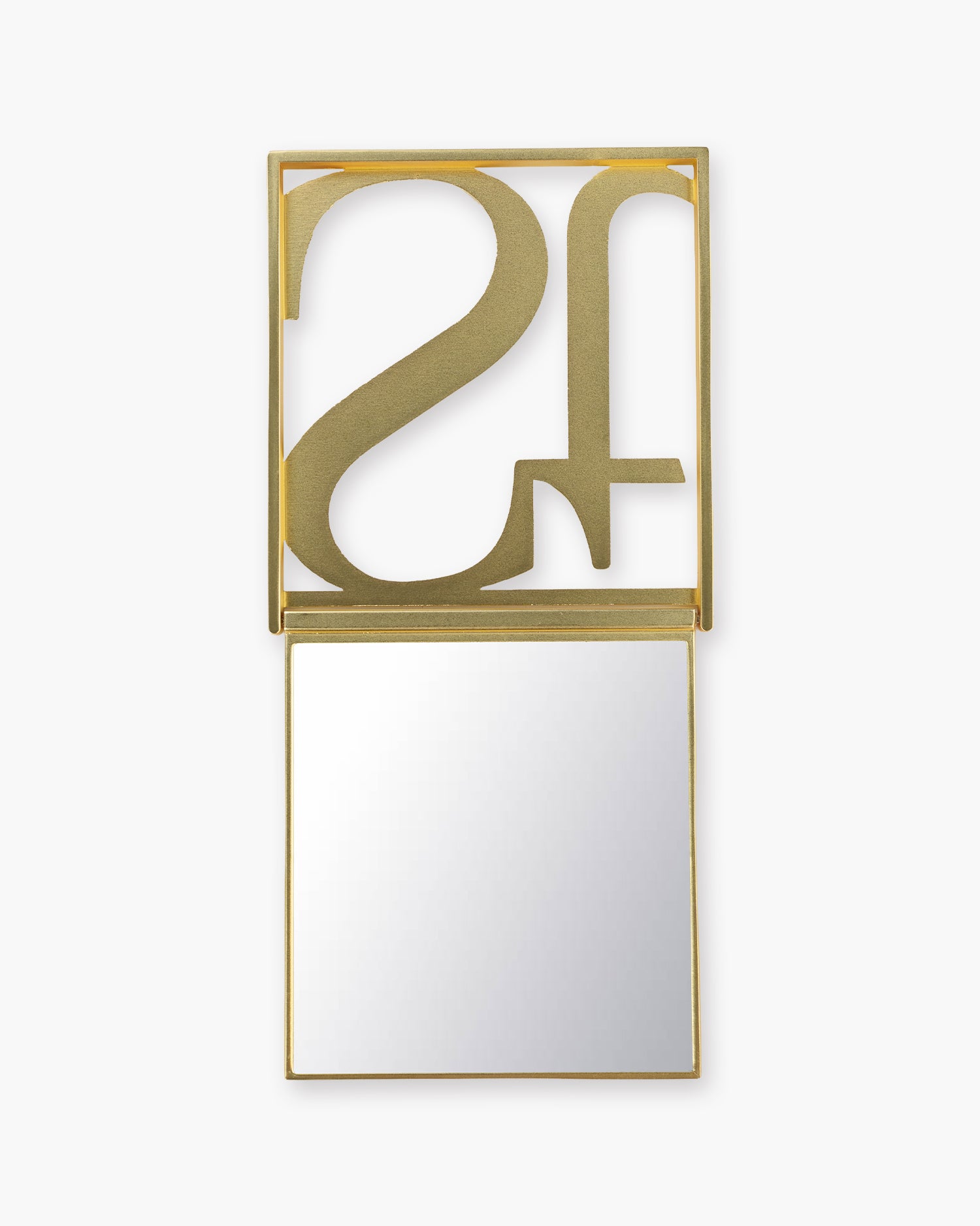 Seint Mercury Compact Mirror unfolded, gold monogram lid flipped up to reveal the square mirror below