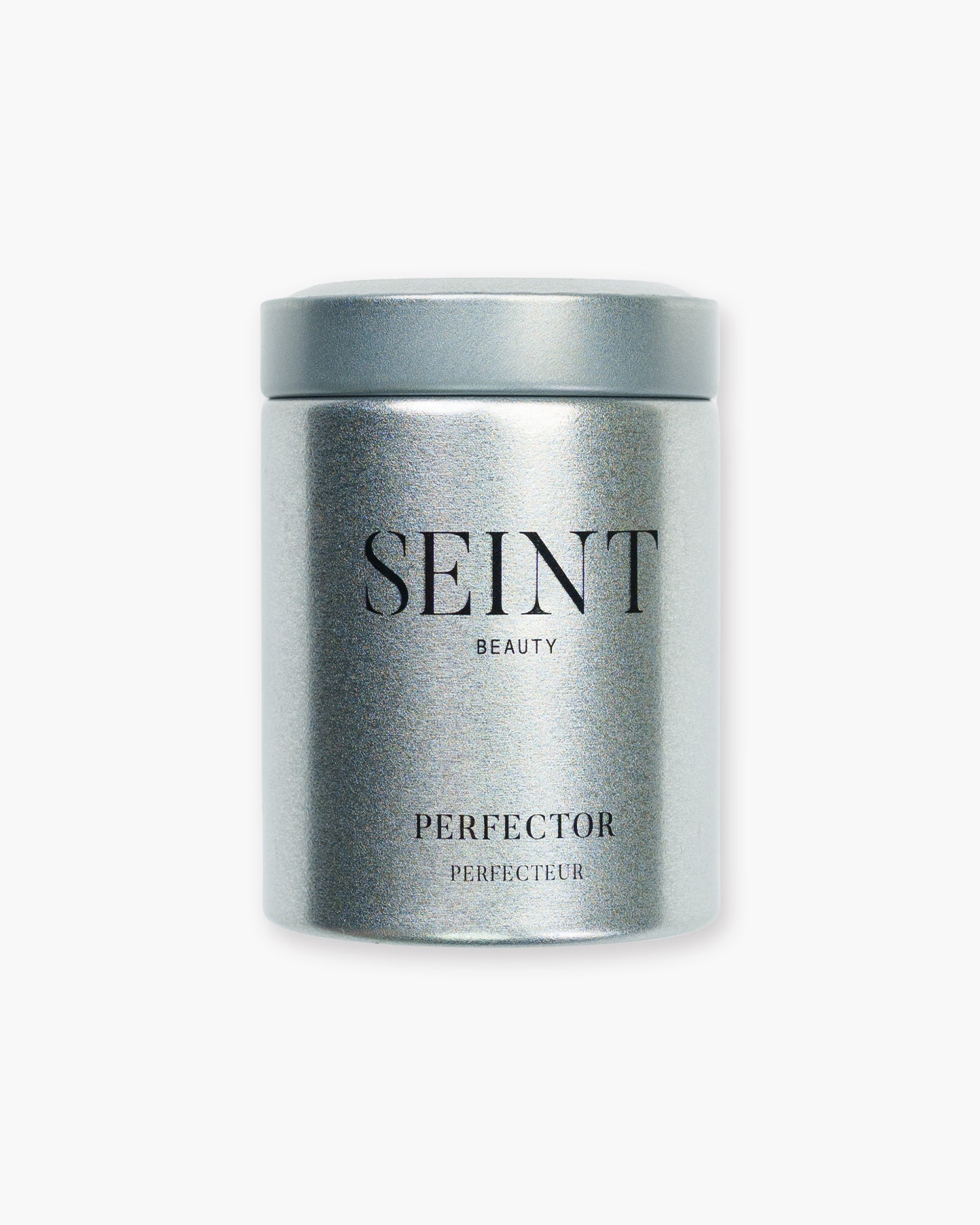 Seint Perfector silver tin closed, printed with the Seint Beauty wordmark and Perfector label