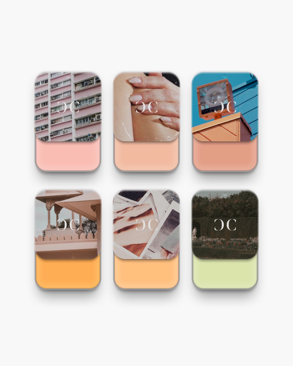 Seint Erase Edit set of six open tins with photo lids, creams ranging from soft pink and peach to pale green