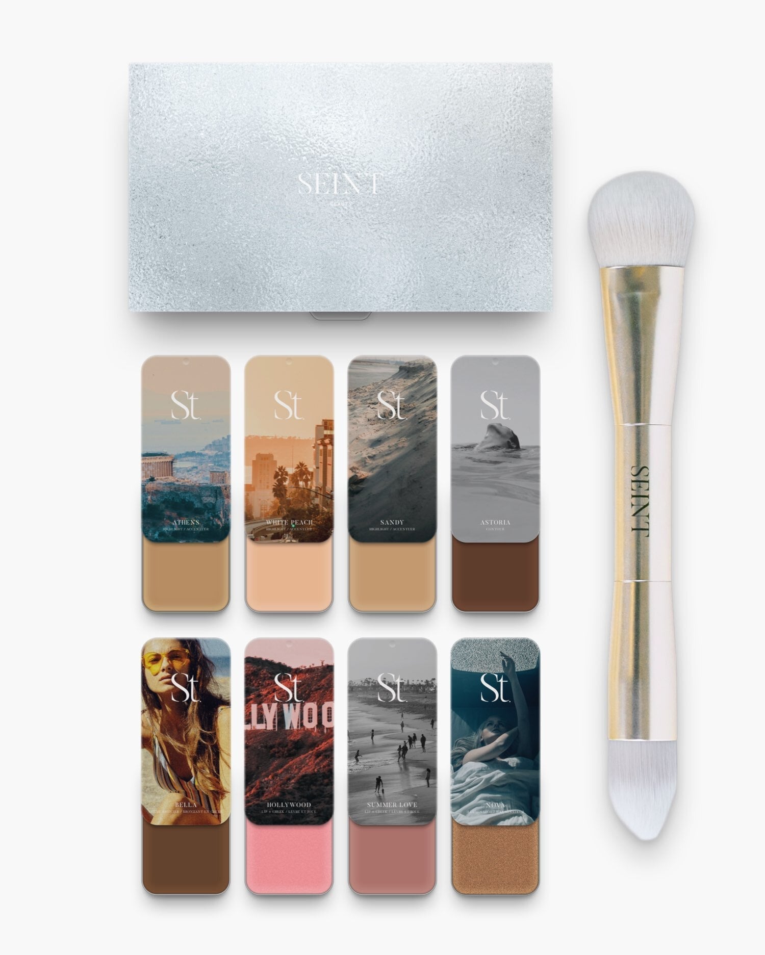 Seint No. 8 Collection Level III: silver SEINT palette, gold brush, and creams from sandy tans to shimmering gold Nova