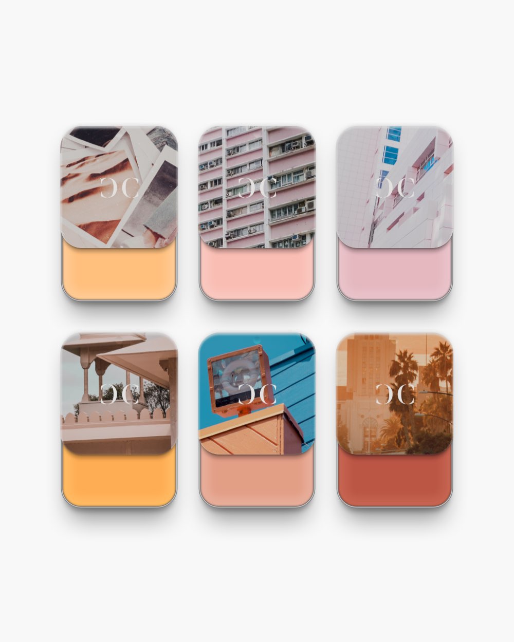 Seint Rewind Edit: six tins with retro photo lids, cream shades from soft peach and pink to marigold and brick red