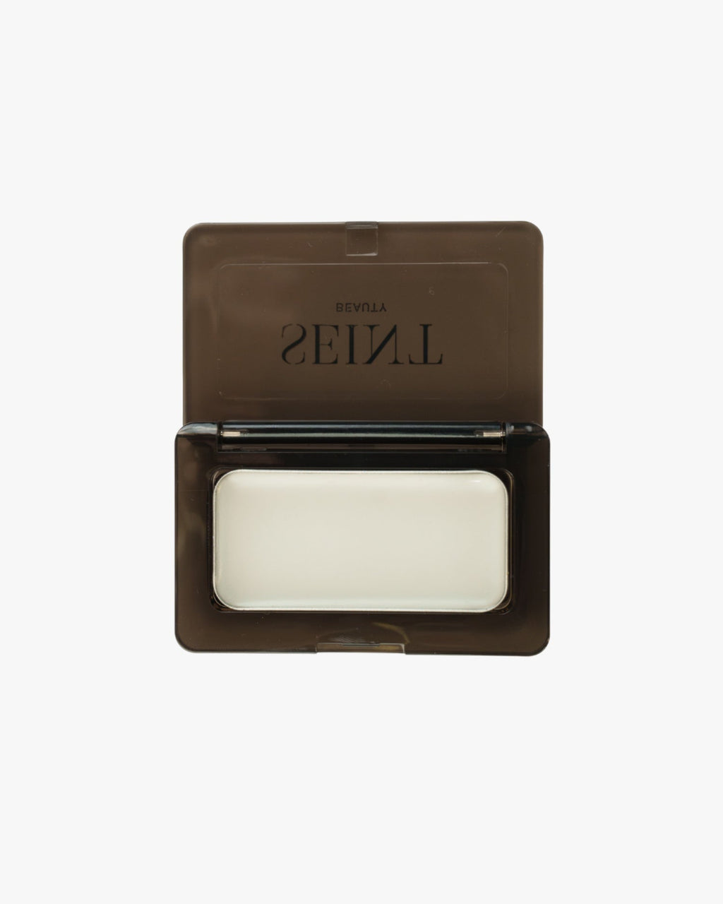 Seint Saved Bundle mini compact open, white lip salve tin inside the smoke-gray case with SEINT lid