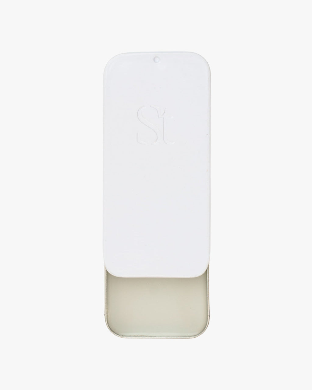 Seint Saved Salve white slide-top tin with embossed logo, lid partly open to reveal the clear conditioning balm