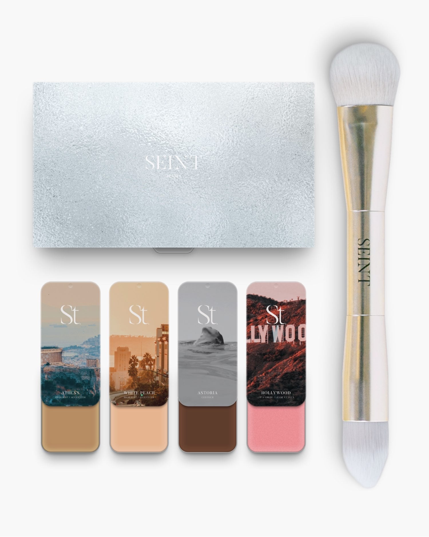 Seint No. 4 Collection Level III: Athens, White Peach, Astoria creams plus bright pink Hollywood, with palette and brush
