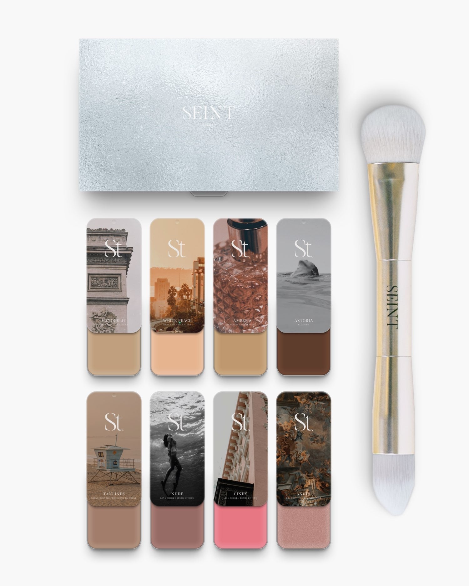 Seint No. 8 Collection Level II tins beside the palette and brush, spanning warm beige highlights to bright pink Cindy