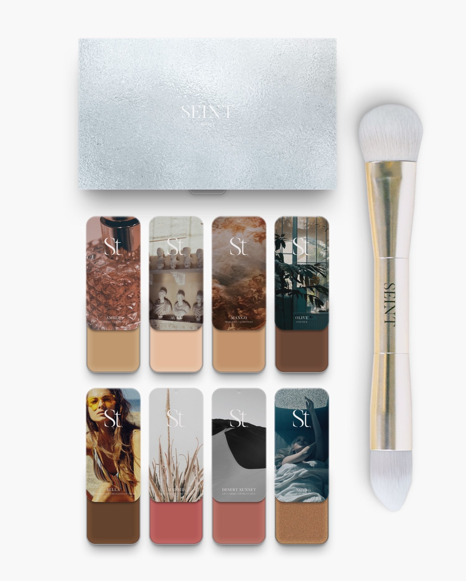 Seint No. 8 Collection Level IV eight-shade set with tan highlights, deep brown Olive contour, and berry lip + cheek creams