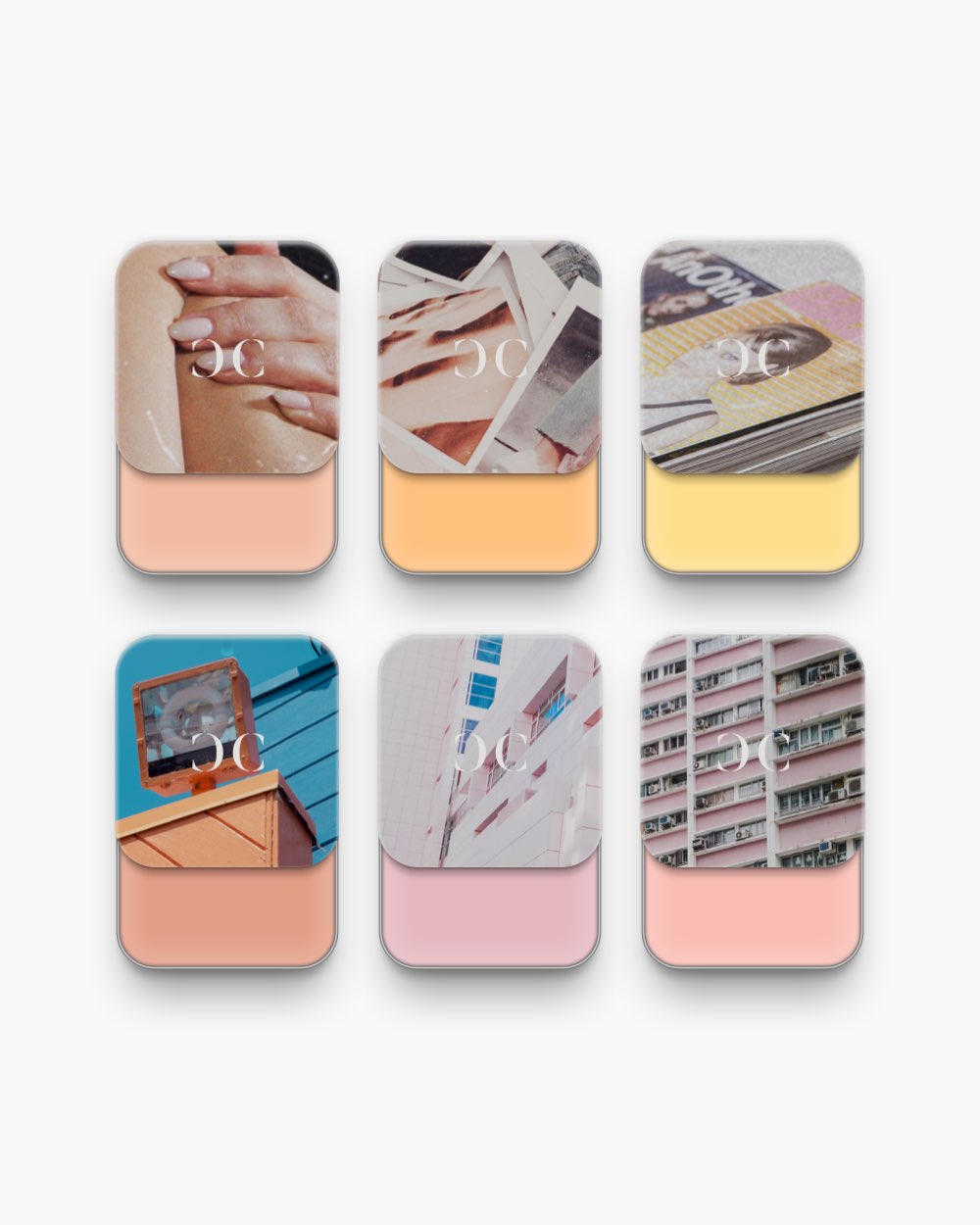 Seint Wide Awake Edit set of six brightening compacts with photo-art lids and peach, pink, and yellow correcting creams